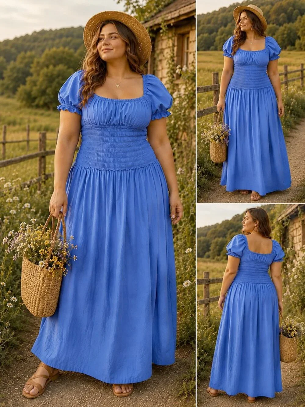 Abercrombie & Fitch Blue Smocked Puff Sleeve Maxi Dress Boho Cottagecore M/L